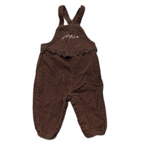 Vintage Lullaby Club Brown/Pink Corduroy Polka Dot Floral Overalls 9m Embroidere